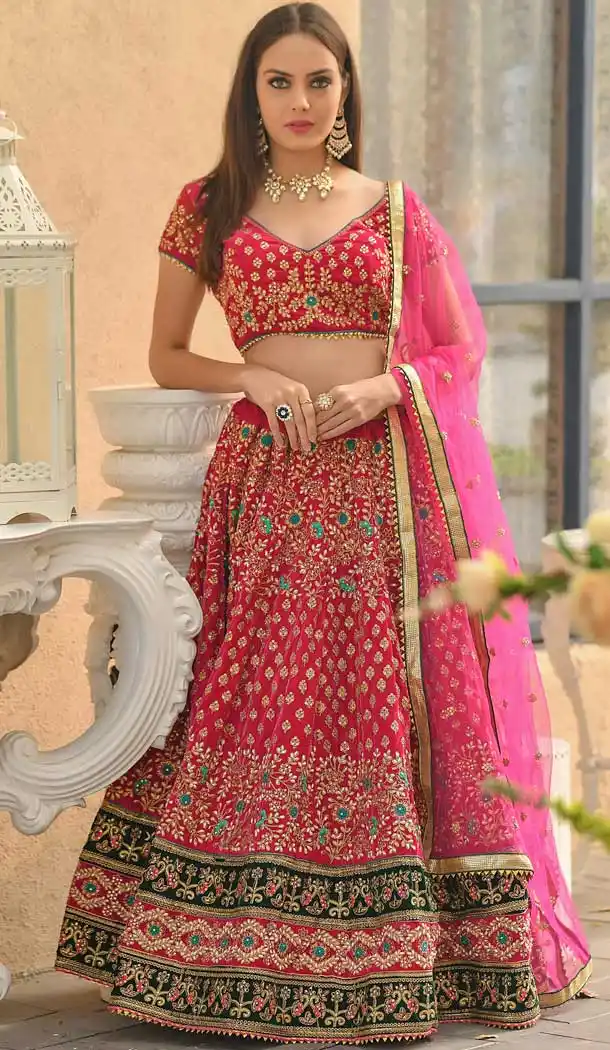 Trendy Pink Color Velvet Designer Wedding Wear Lehenga Choli -718689120