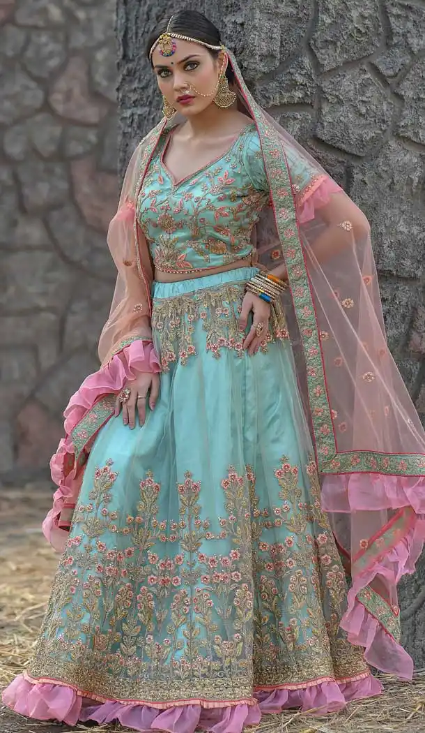 Sky Blue Color Soft Net Designer Sangeet Party Wear Lehenga Choli -718789127