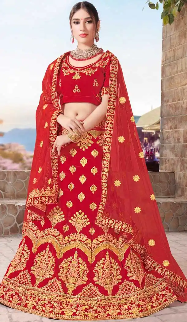 Red Color Velvet Designer Sangeet Ceremony Wear Lehenga Choli -719989233