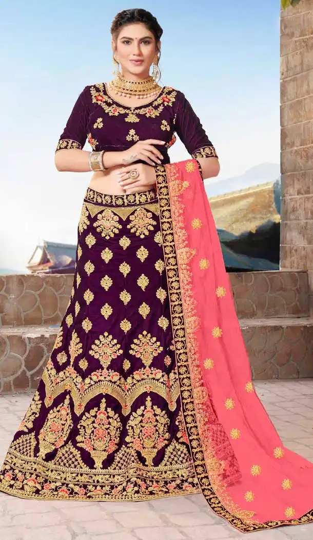 Purple Color Velvet Designer Sangeet Ceremony Wear Lehenga Choli -719989234