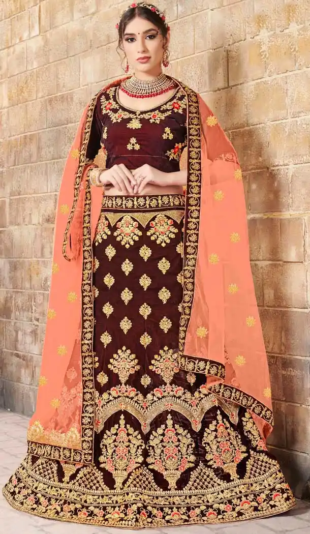 Maroon Color Velvet Designer Sangeet Ceremony Wear Lehenga Choli -719989236
