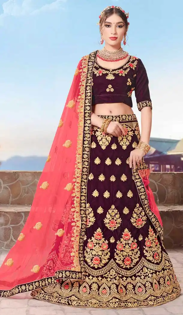 Elegance Purple Color Velvet Designer Sangeet Ceremony Wear Lehenga Choli -719989237