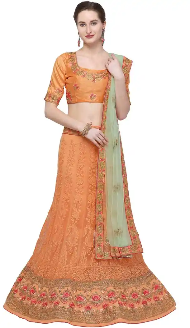 Light Orange Color Net Designer A Line Style Party Wear Lehenga Choli -720089239