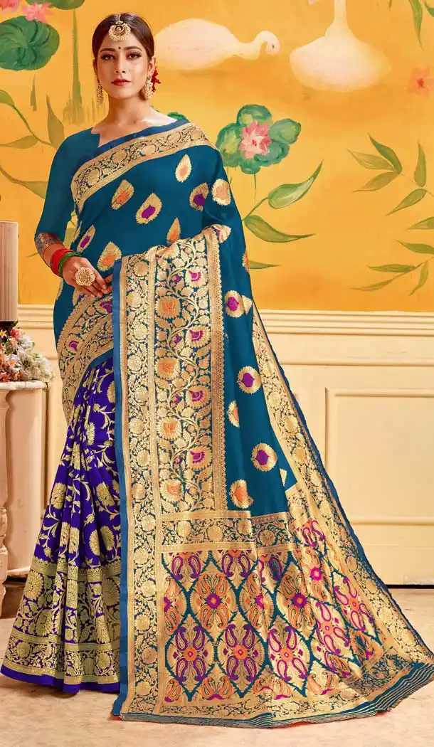 Rama And Blue Color Lichi Cotton Print Work Traditional Saree -712488477