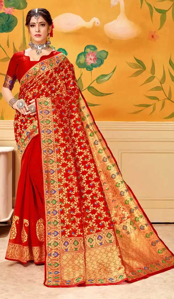 Gleaming Red Color Lichi Cotton Print Work Traditional Saree -712488482