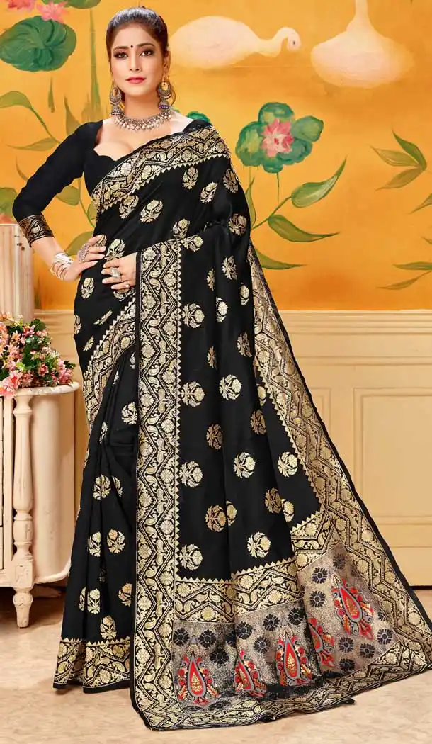 Black Color Lichi Silk With Champion Print Work Traditional Saree -712488484