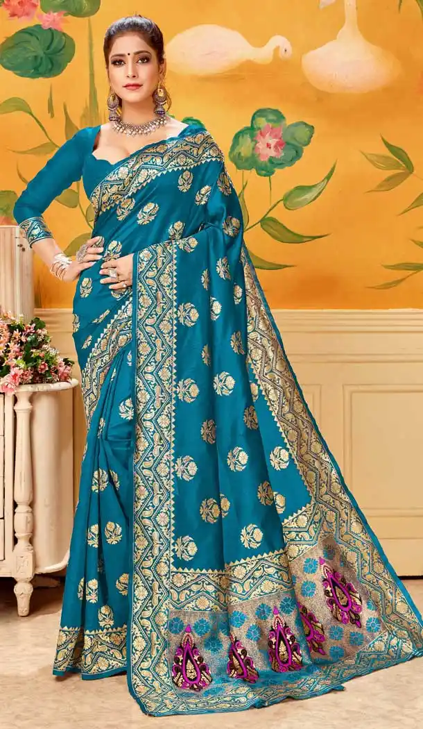 Turquoise Color Lichi Silk With Champion Print Work Traditional Saree -712488488
