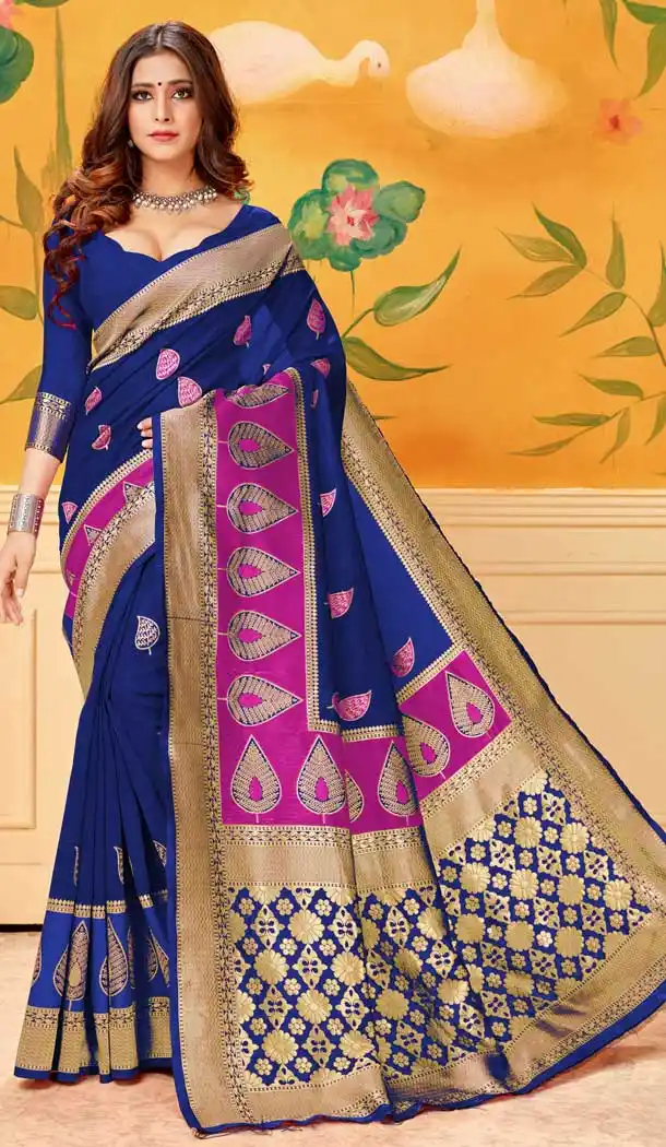 Ethnic Blue Color Lichi Cotton Print Work Traditional Saree -712488500
