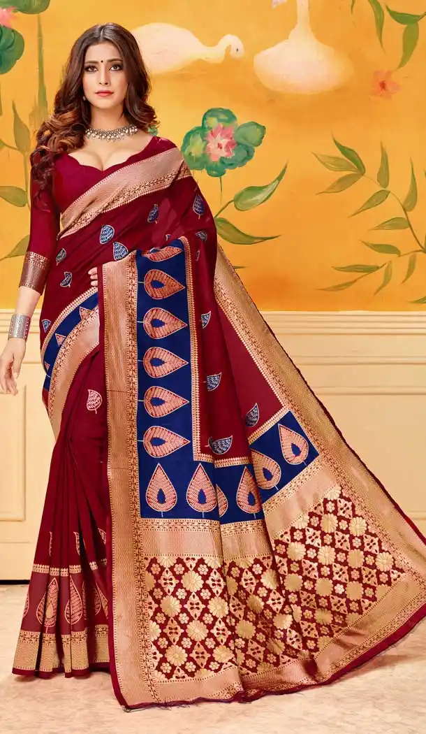 Dark Maroon Color Lichi Cotton Print Work Traditional Saree -712488501