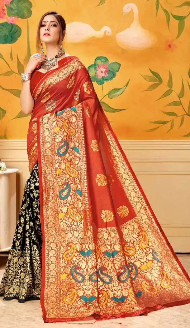 Red And Black Color Lichi Cotton Print Work Traditional Saree -712488506
