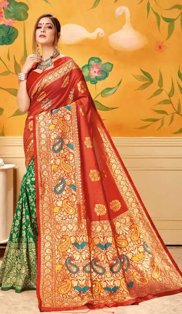 Red And Green Color Lichi Cotton Print Work Traditional Saree -712488508