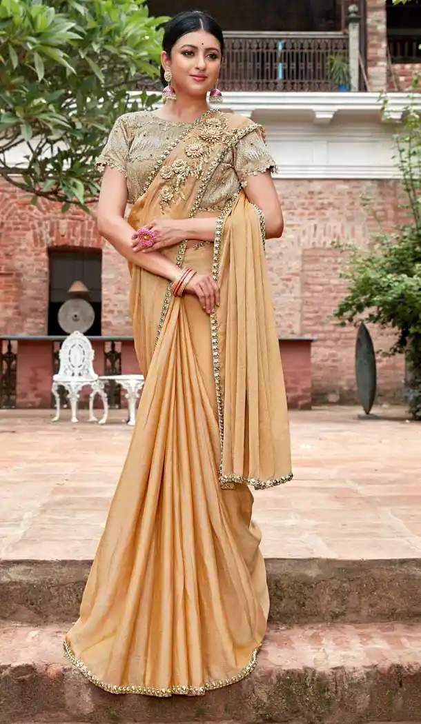 Golden Color China Chiffon Traditional Party Wear Saree Blouse -714688669