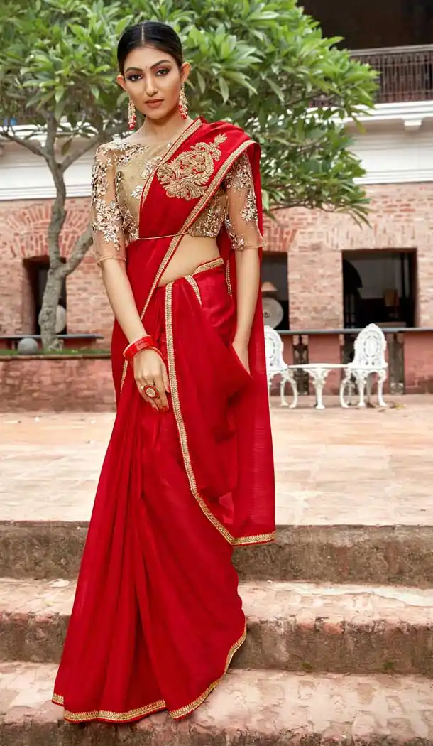 Unique Red Color China Chiffon Traditional Party Wear Saree Blouse -714688674