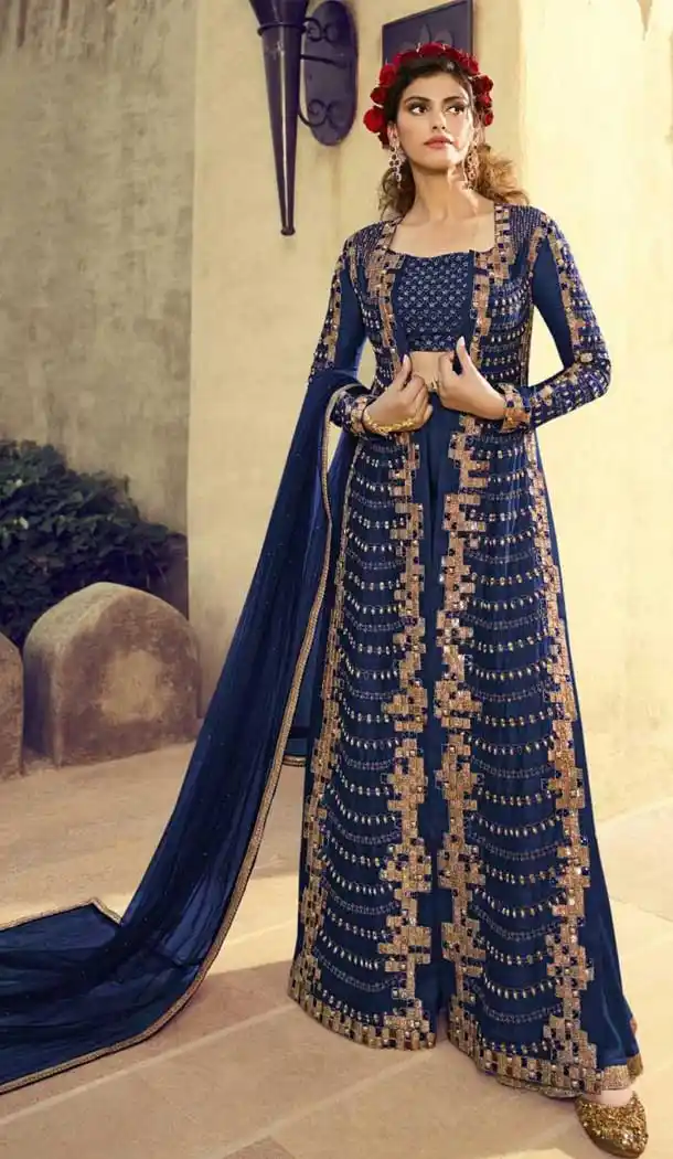 Gleaming Blue Color Silk Designer Straight Cut Long Salwar Kameez -715288751
