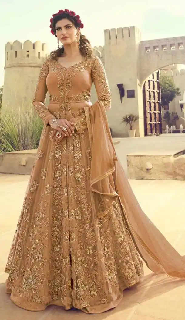Light Orange Color Net Designer Lehenga Style Salwar Kameez -715288752