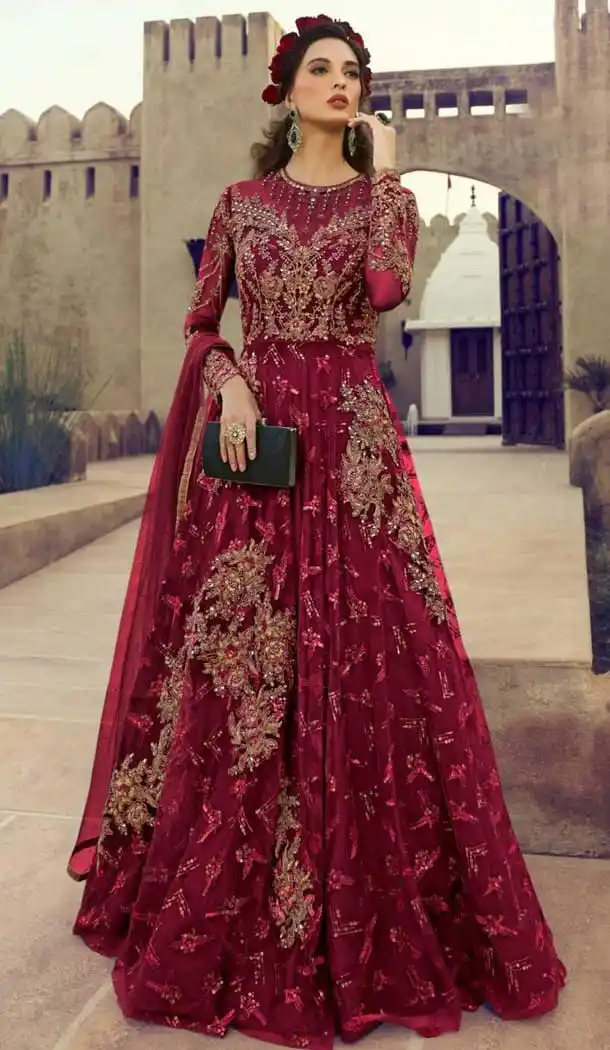 Maroon Color Net Designer Abaya Style Anarkali Salwar Kameez -715288754