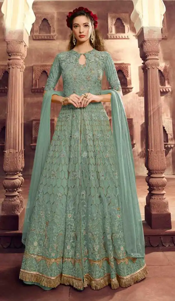 Sea Green Color Net Designer Lehenga Style Anarkali Salwar Kameez -715288757