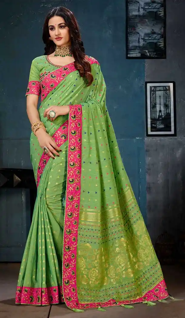 Green Color Linen Cotton Banarasi Silk Traditional Wear Saree Blouse -716388829