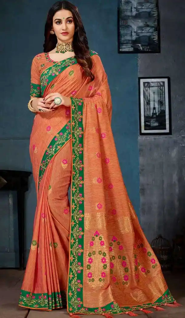 Orange Color Linen Cotton Banarasi Silk Traditional Wear Saree Blouse -716388830