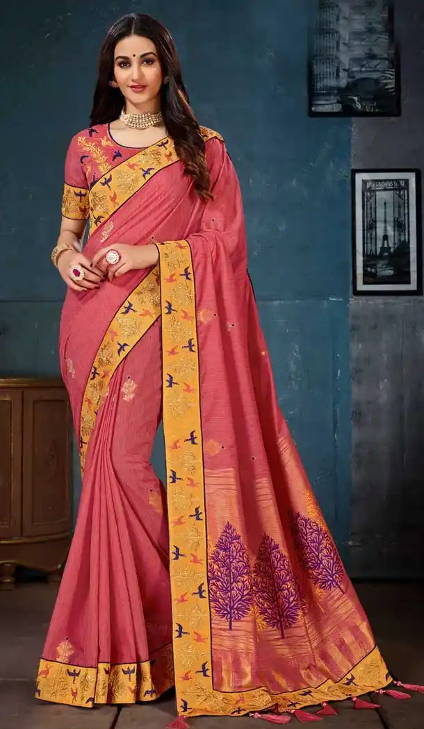 Coral Color Linen Cotton Banarasi Silk Traditional Wear Saree Blouse -716388833
