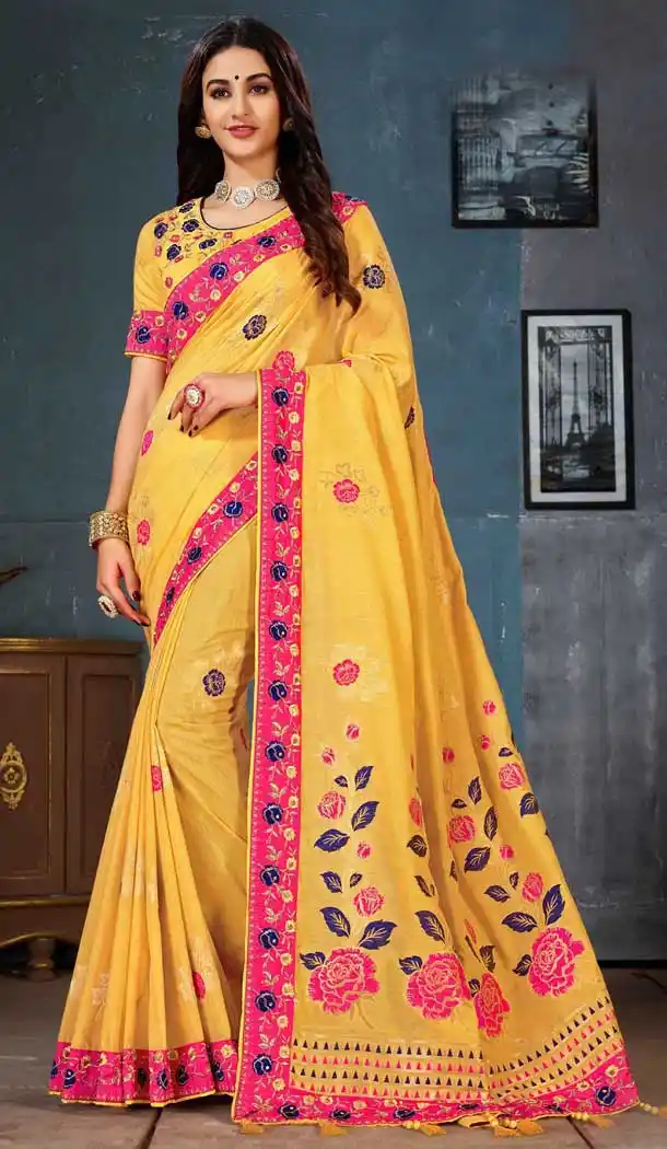 Yellow Color Linen Cotton Banarasi Silk Traditional Wear Saree Blouse -716388834