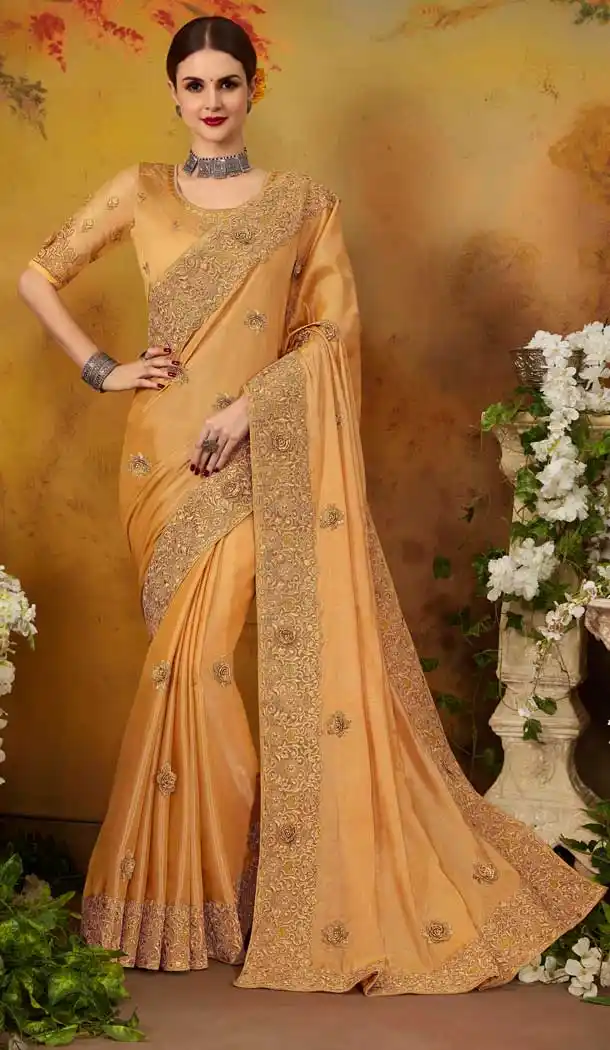 Adorable Gold Color Two Tone Silk Party Wear Saree Blouse -717088998