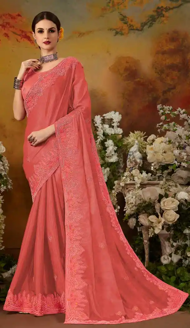 Ethnic Coral Color Two Tone Silk Party Wear Saree Blouse -717089002