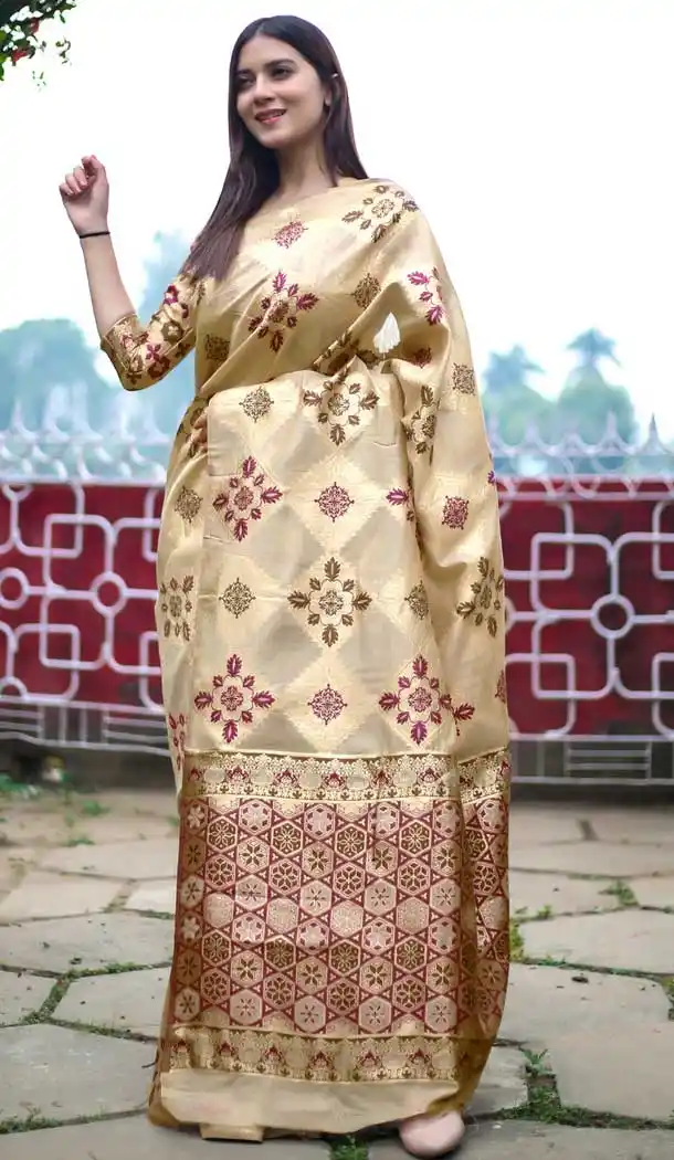 Gold Color Linen Art Silk Designer Party Wear Saree Blouse -717389018