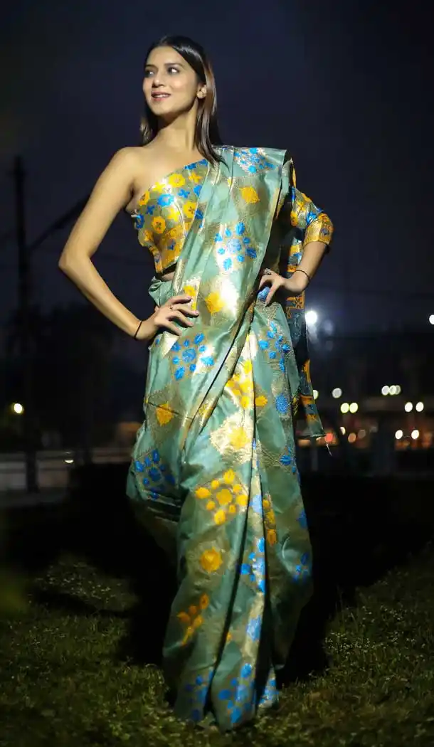 Attractive Green Color Linen Art Silk Designer Party Wear Saree Blouse -717389020
