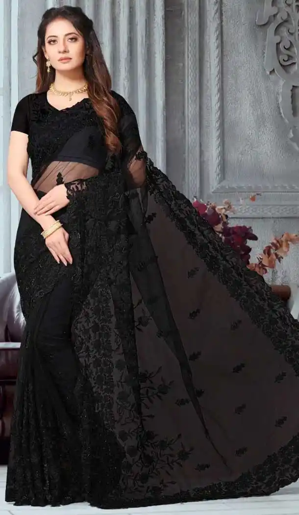 Black Color Net Designer Party Wear Plus Size Saree -718889128