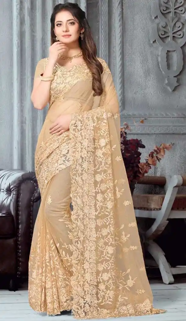 Cream Color Net Designer Party Wear Plus Size Saree -718889129
