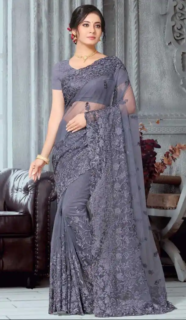 Grey Color Net Designer Party Wear Plus Size Saree -718889131