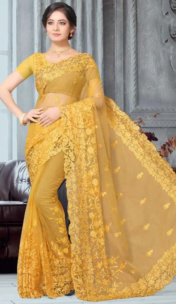Musterd Color Net Designer Party Wear Plus Size Saree -718889132