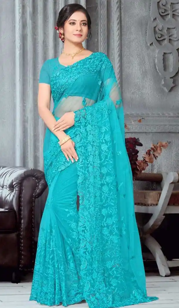 Sky Blue Color Net Designer Party Wear Plus Size Saree -718889133