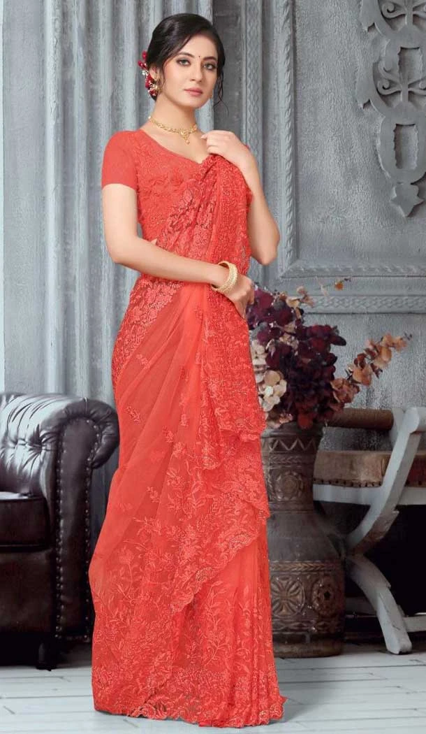 Coral Color Net Designer Party Wear Plus Size Saree -718889134