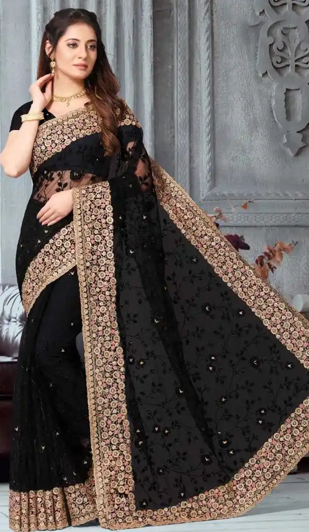 Black Color Net Designer Party Wear Plus Size Saree -718889136