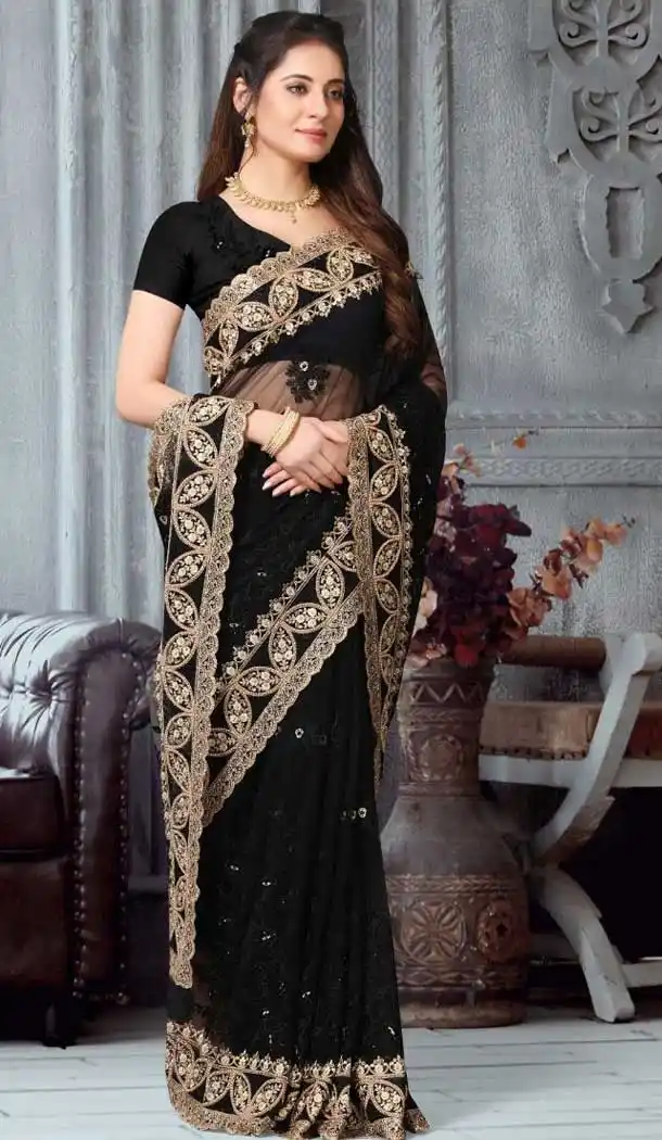 Elegance Black Color Net Designer Party Wear Plus Size Saree -718889137