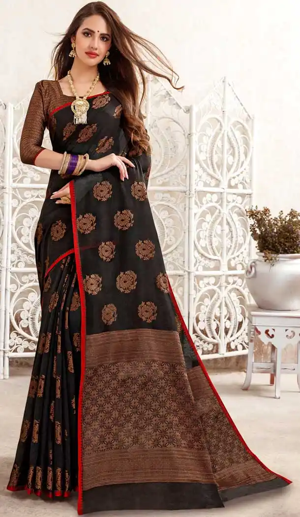 Black Color Fancy Linen Resham Party Wear Saree Blouse -717989052