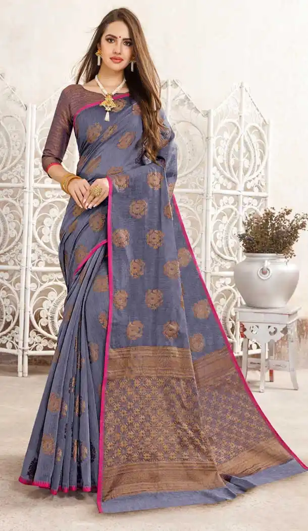 Elegance Grey Color Fancy Linen Resham Party Wear Saree Blouse -717989054