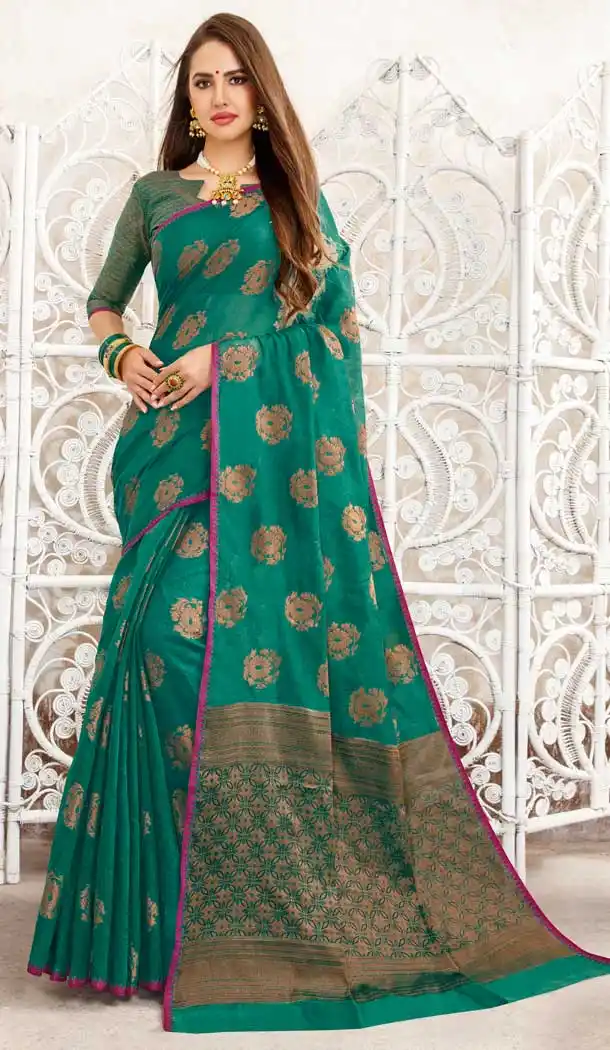Green Color Fancy Linen Resham Party Wear Saree Blouse -717989055