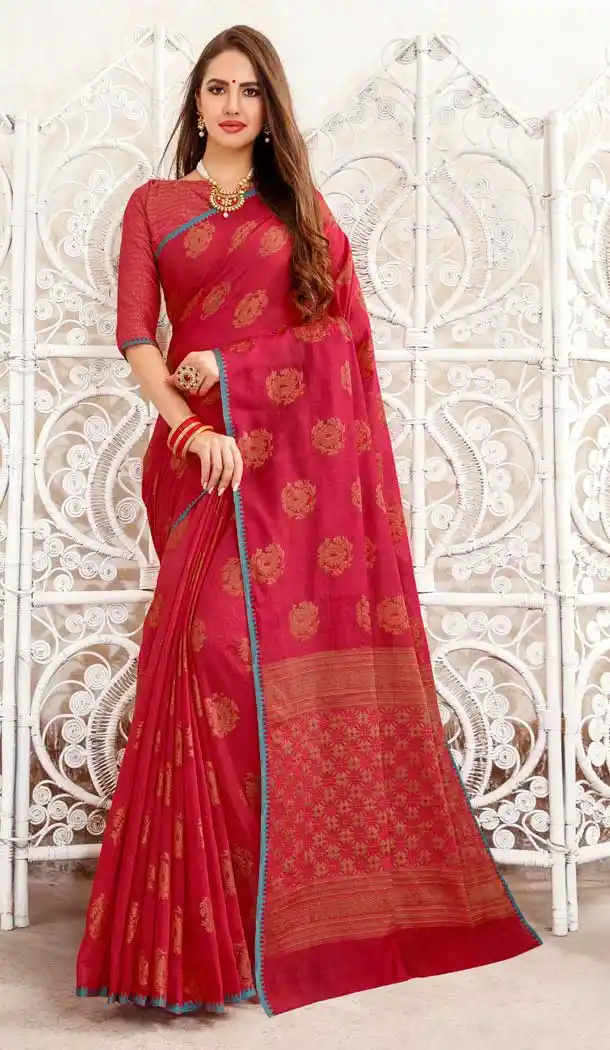 Red Color Fancy Linen Resham Party Wear Saree Blouse -717989056