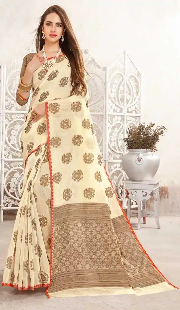 Cream Color Fancy Linen Resham Party Wear Saree Blouse -717989060