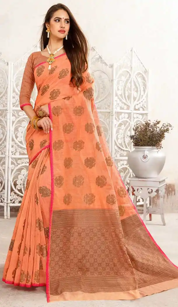Peach Color Fancy Linen Resham Party Wear Saree Blouse -717989061