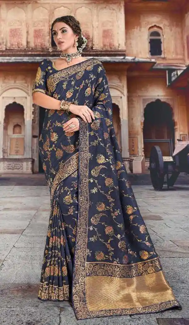 Navy Blue Color Silk Designer Wedding Wear Plus Size Saree Blouse -718289085