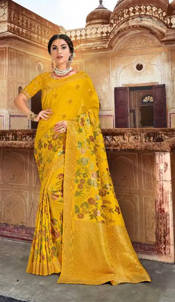 Yellow Color Silk Designer Wedding Wear Plus Size Saree Blouse -718289087