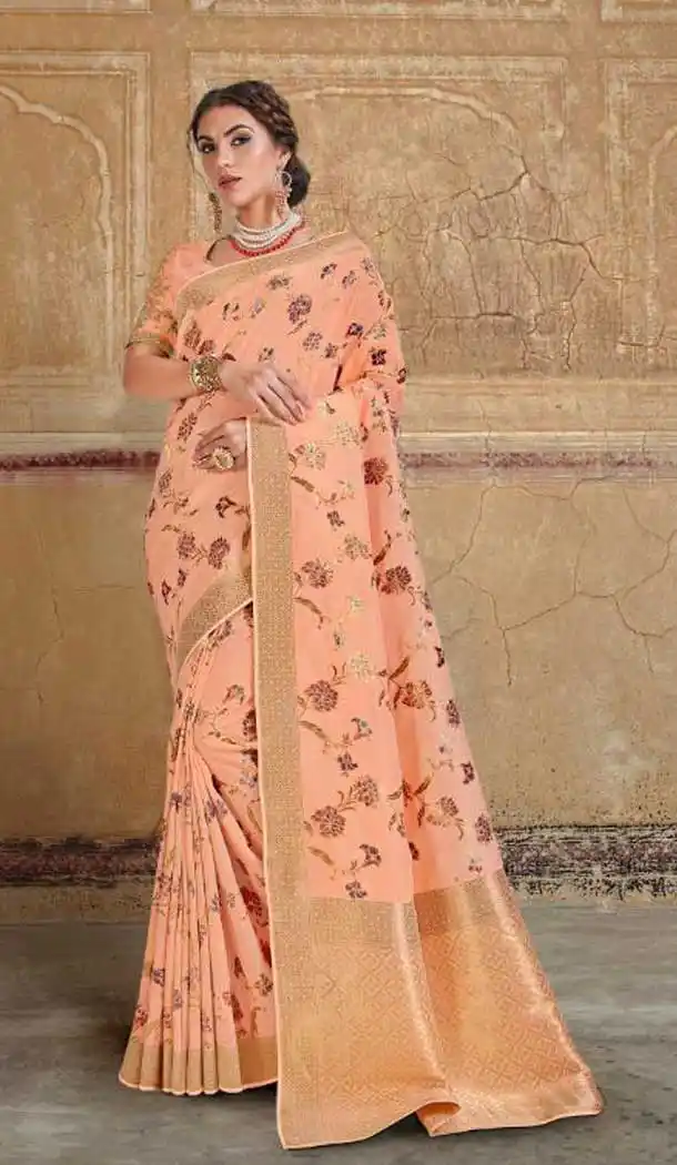 Peach Color Silk Designer Wedding Wear Plus Size Saree Blouse -718289088