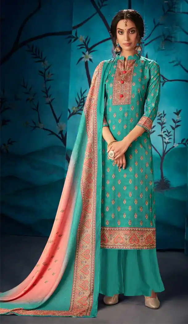 Green Color Pure Kasuri Silk Casual Party Wear Palazzo Salwar Suit -719389201