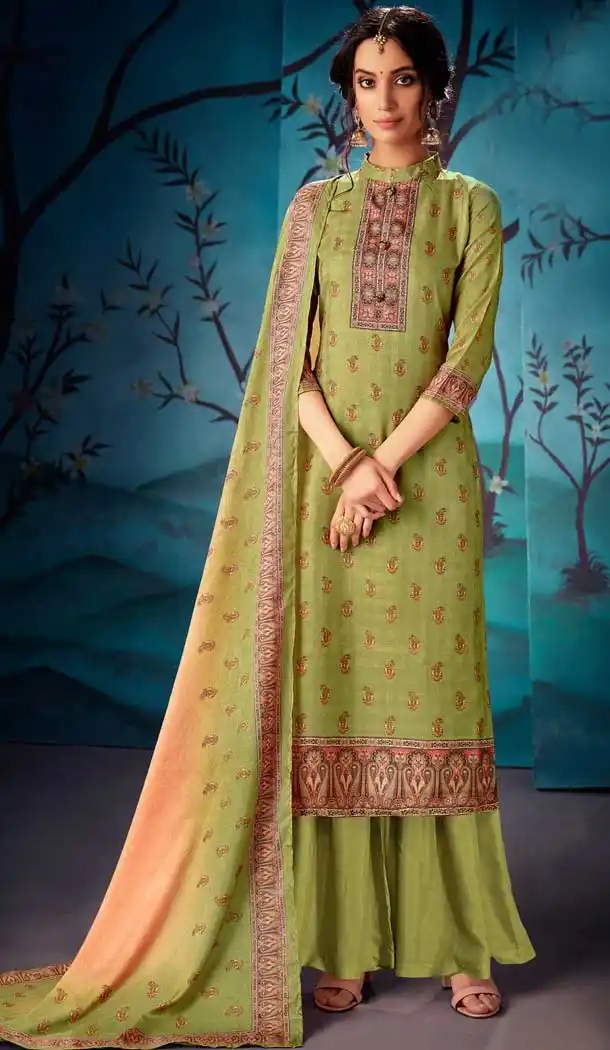 Olive Color Pure Kasuri Silk Casual Party Wear Palazzo Salwar Suit -719389202