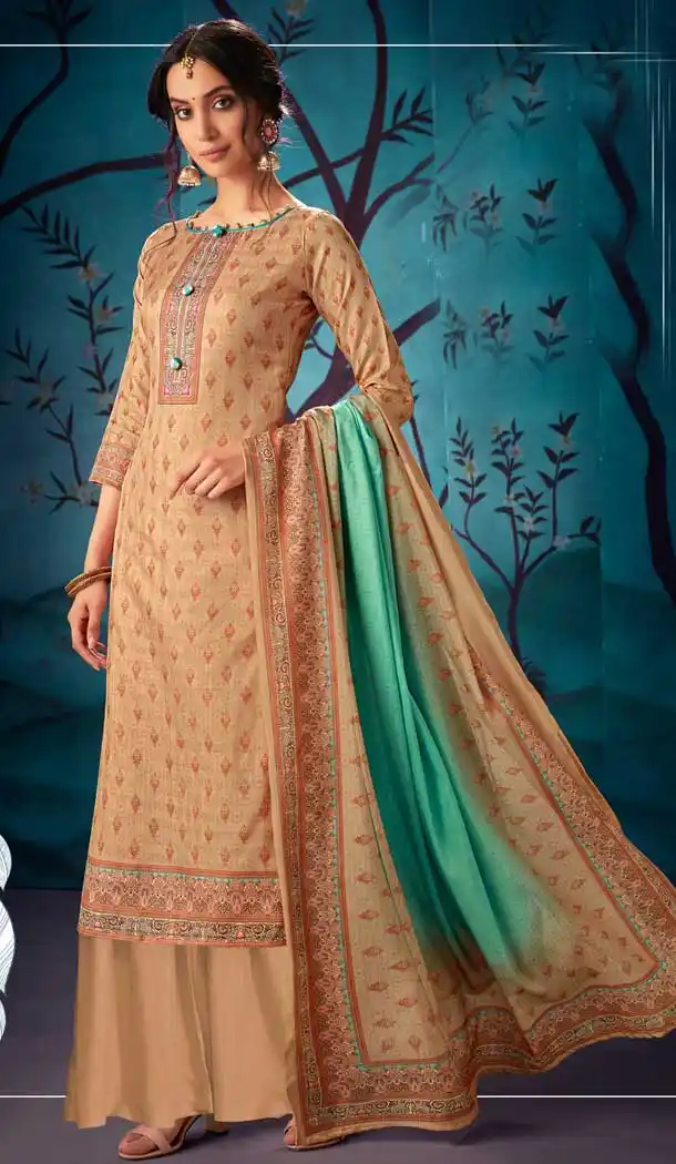 Beige Color Pure Kasuri Silk Casual Party Wear Palazzo Salwar Suit -719389207