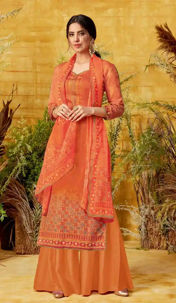 Exquisite Orange Color Pure Zam Cotton Casual Party Wear Palazzo Salwar Suit -719489209